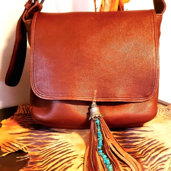 HOBO Brn Leather Saddle Handbag w/Real Turquoise EUC - Picture 4 of 11